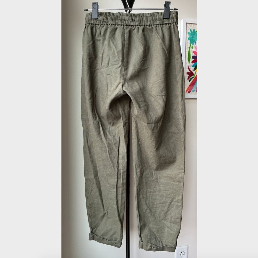 J. Crew Dark Olive Green Linen-Cotton Blend Drawstring Pant - Size 0 - Picture 3 of 4